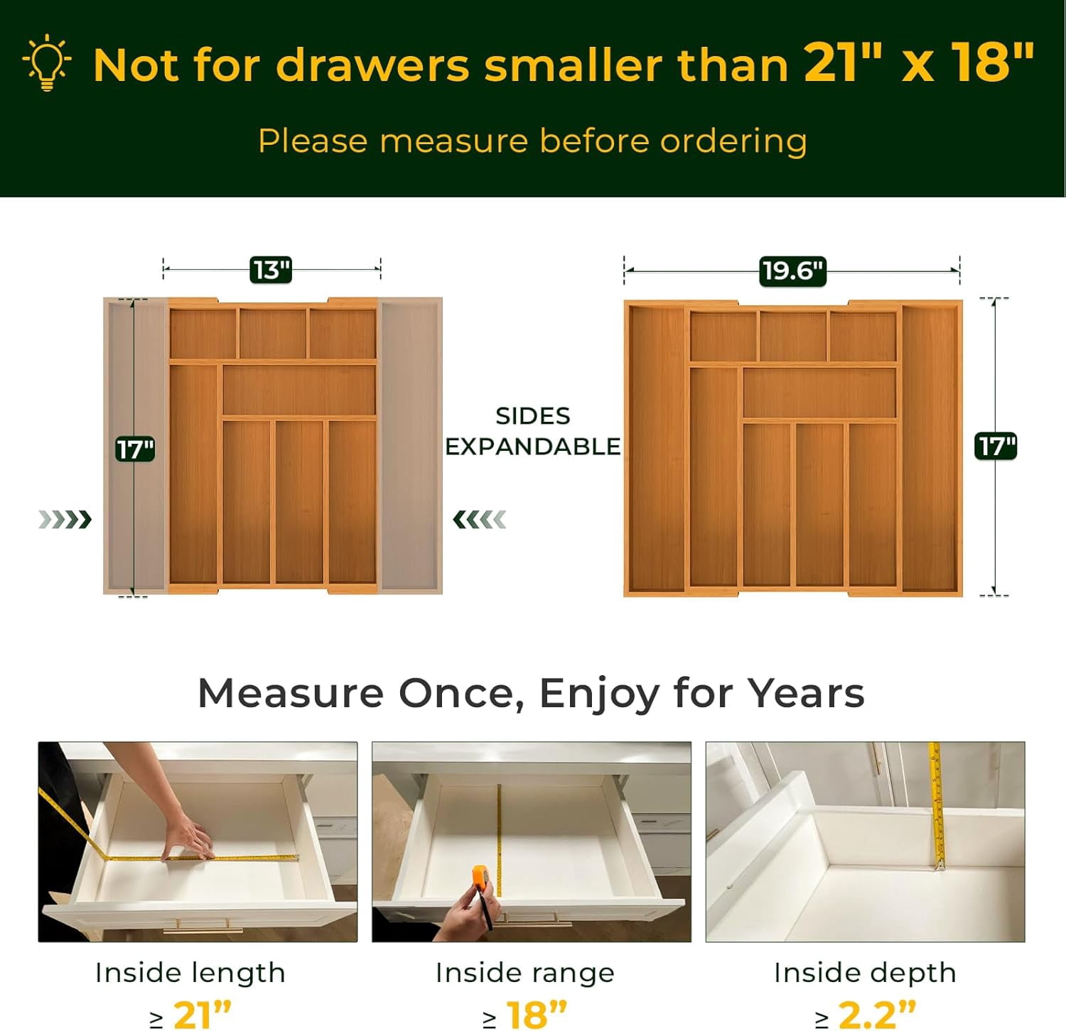Carbonized Bamboo Kitchen Drawer Organizer, 10 Slots Expandable , Utensil Holder & Cutlery Tray, 2.2" Deep for Extra Capacity, Non-Slip Feet Included