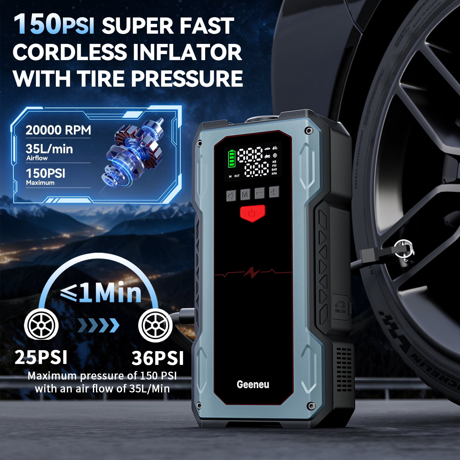 Geeneu 6000A Jump Starter with Air Inflator & Deflator Compressor, 7-in-1 Portable 12V Car Battery Jump Box Power Pack for All Gas/12L Diesel Engine with 150PSI Tire Inflator & Extended Jumper Cable
