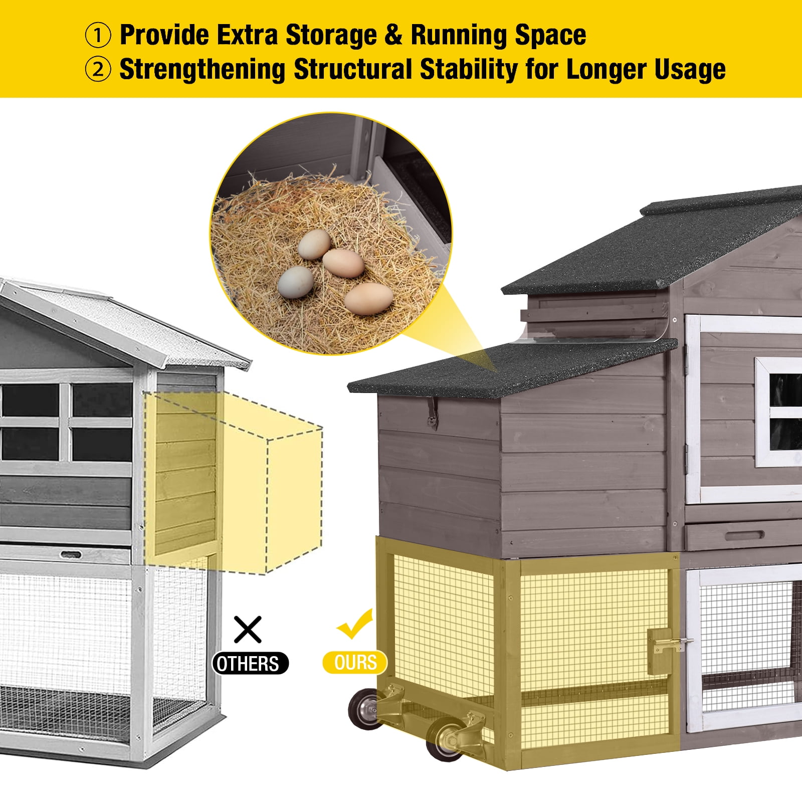 Aivituvin Mobile Chicken Coop with Wheels for 2-4 Chickens, Weatherproof Chicken House Poultry Cage with Nesting Box, Leakproof Pull-Out Tray for Outdoor Backyard, Brown