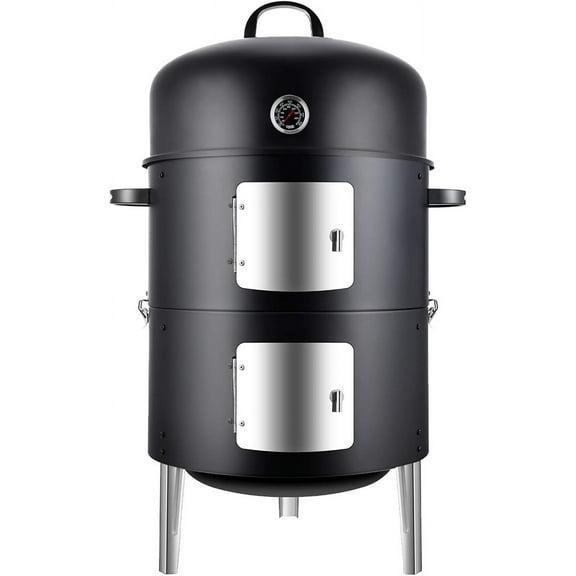 Vertical 17 Inch Steel Charcoal Smoker, Heavy Duty Round BBQ Grill for Outdoor Cooking, Black
