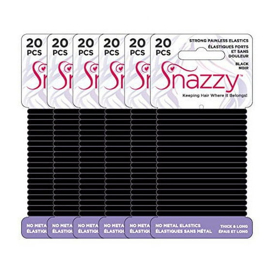 Hair Elastics by Snazzy | Black, Thick & Long | Value Pack, Painless 120 Count (6 Pack, 20 Ties Per Card)