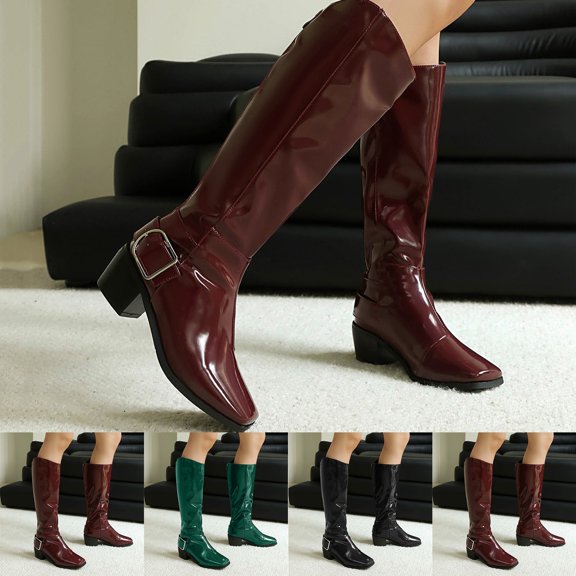 Crunowin Women's Patent Leather Boots Mid-Calf Fashionable Fall Winter Comfort Shoes Black Size 9.5