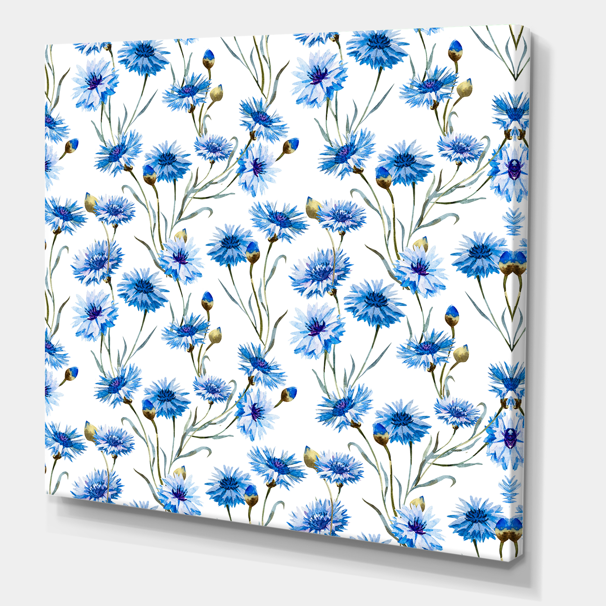 Designart ' Blue Cornflowers With Green Leaves On White II ' Traditional Canvas Wall Art Print