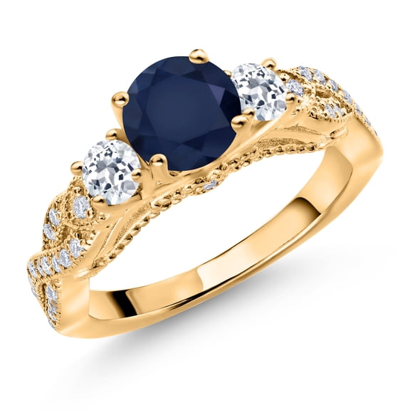 Gem Stone King 18K Yellow Gold Plated Silver Blue Sapphire White Topaz and White Moissanite Engagement Ring for Women (1.65 Cttw, Gemstone September Birthstone, Round 6MM and 3MM, Size 6)