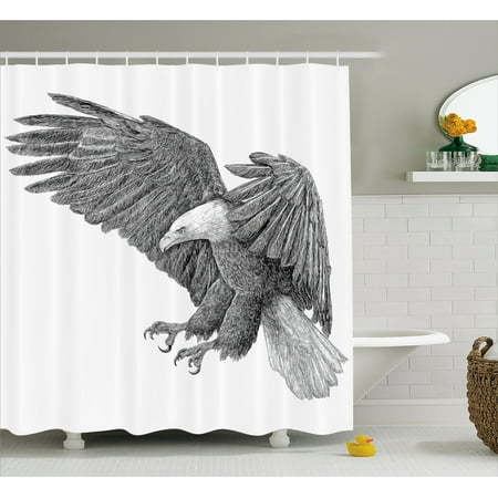 Shower Pencils - Eagle Shower Curtain, Black and White Pencil Drawing Style Eagle with Detailed Features Wild Nature, Fabric Bathroom Set with Hooks, 69W X 75L Inches Long, Black Grey White, by Ambesonne