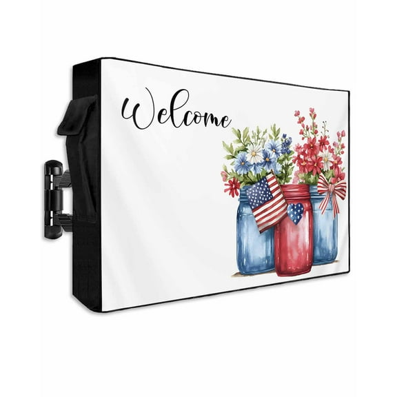 4th of July Outdoor TV Cover 60 to 65 Inch Weatherproof, Spring Floral Red US Flag Independence Day 600D Oxford TV Covers with Waterproof Zipper, Outside Flat TV Screen Protector Size 58"Wx37"Hx4.5"D
