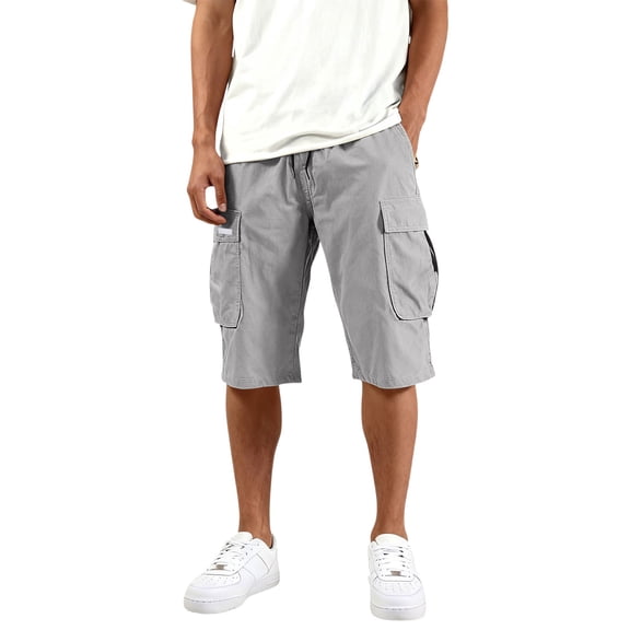 Men's Cargo Shorts Elastic Waist Long Blew Knee Capri Shorts Multi-Pocket Knee Length Cargo Short Pants Relaxed Fit Running Hiking Bottom,Gray S
