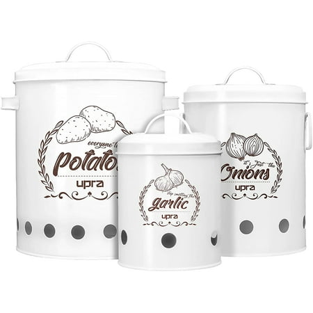 Vintage White Metal Potato Onion Garlic Bins Set Of 3 Farmhouse Kitchen Storage Canisters Pack Metal Potato Onion Garlic Bins, Potato Onion And Garlic Storage Containers