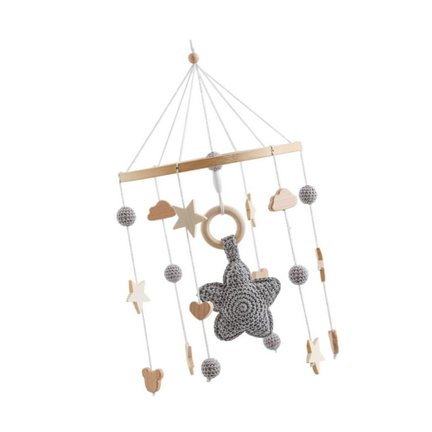 Móvil para cuna de bebé, sonajeros para recién nacidos, carillón de viento de madera móvil, campana de cama para cuna, juguetes Montessori de dibujos estrellas grises