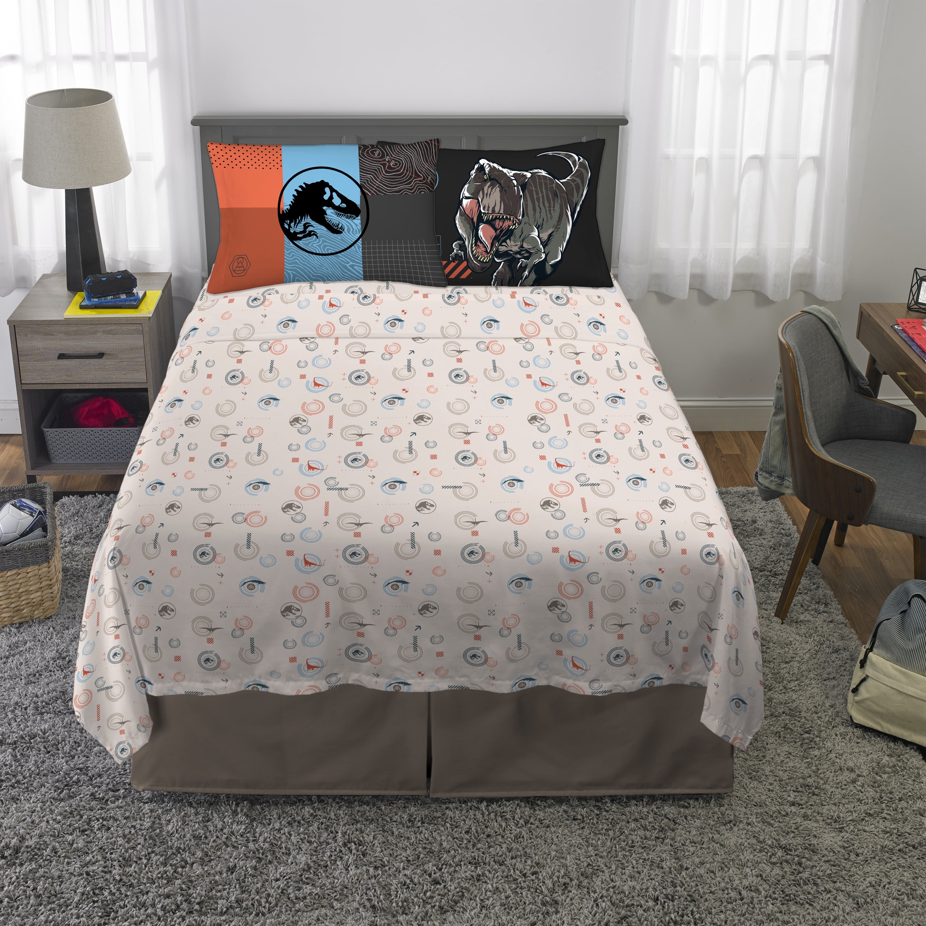 Jurassic World Kids 4 Piece Beige Dinosaur Print Sheet Set, Full