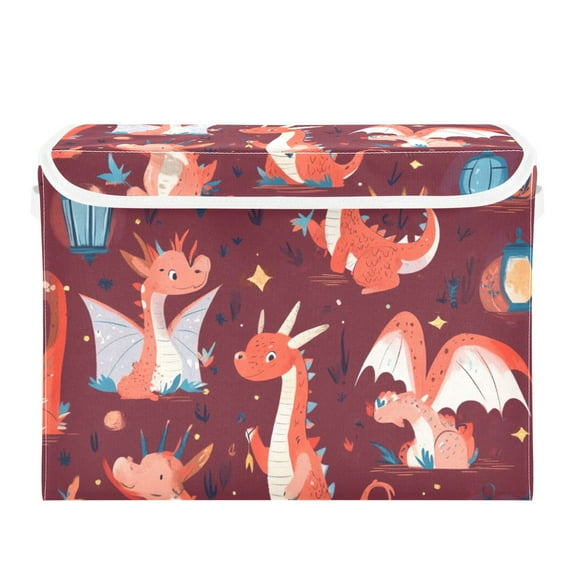 Red Cute Dragon Large Storage Bins with Linen Collapsible Lid Storage Box 16.7 x 12.6 x 11.8in