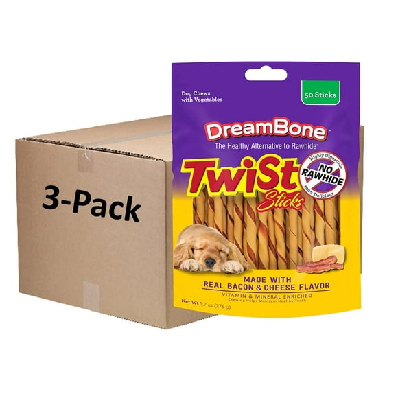 Dreambone Bâtonnets Torsadés Saveur Bacon et Fromage 50 Unités, Friandises Sans Cuir Brut pour Chiens (3 Pack)