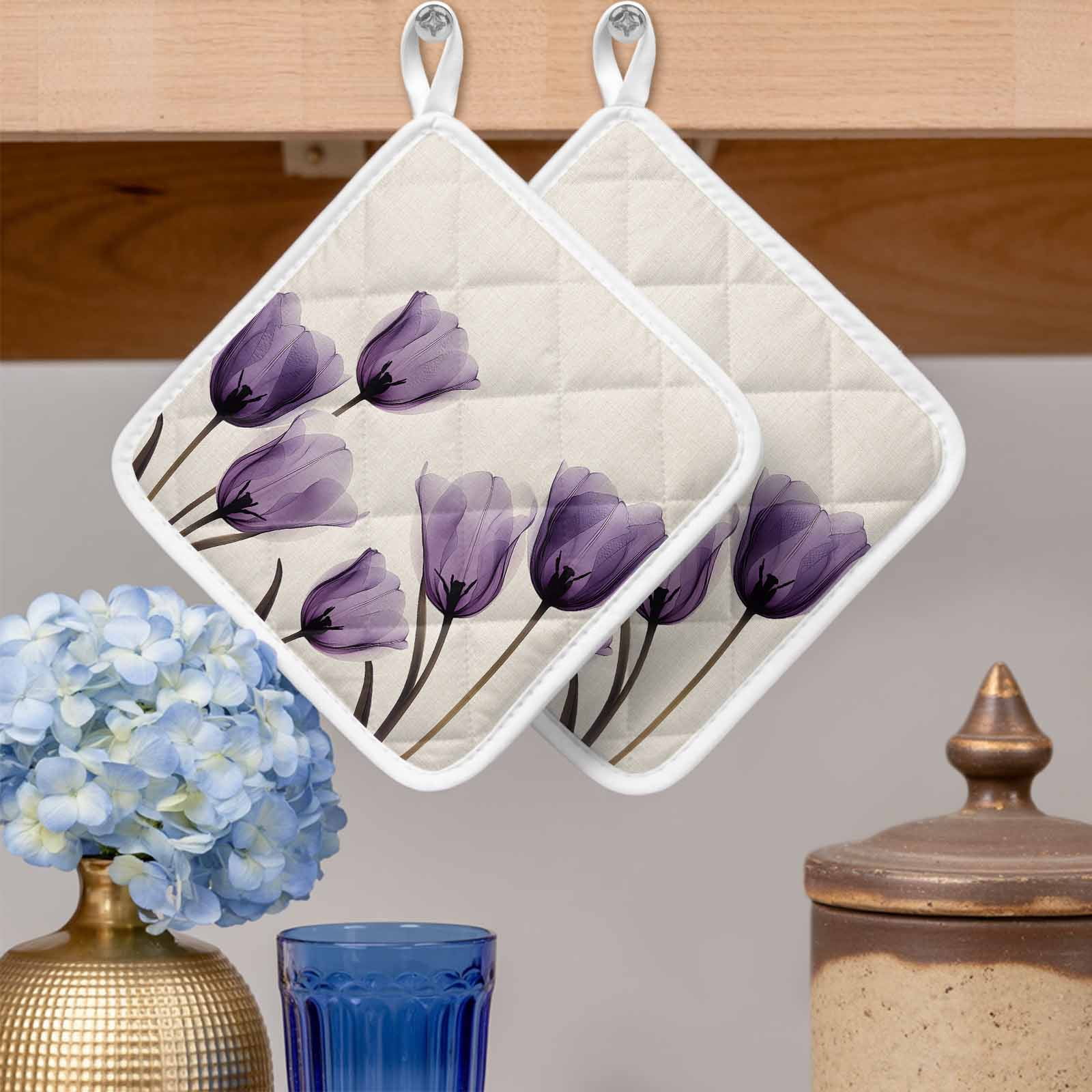 Purple Tulip Flower Pot Holders for Kitchen Heatproof Potholder, 2 Pack Aesthetics Farmhouse Floral Plant Hot Pads Multipurpose Oven Pads Cloth Potholders Trivet for Cooking and Baking