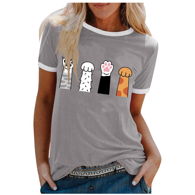 Gibobby Casual Playera de Manga Corta para Mujer Blusa informal con cuello redondo para mujer, camiseta manga corta con estampado rasguños en color, camiseta vacaci(Gris,M)