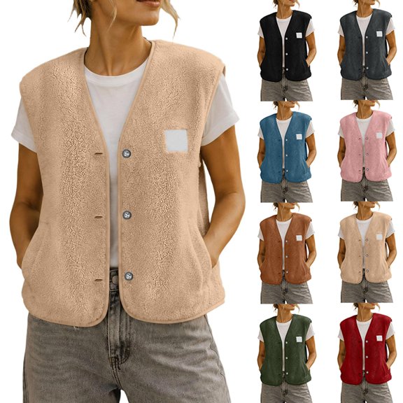 Women's Sherpa Fleece Vest V Neck Button Down Sleeveless Gilet with Pockets Loose Fit Casual Cozy Warm Layering Outerwear Fall Winter Red