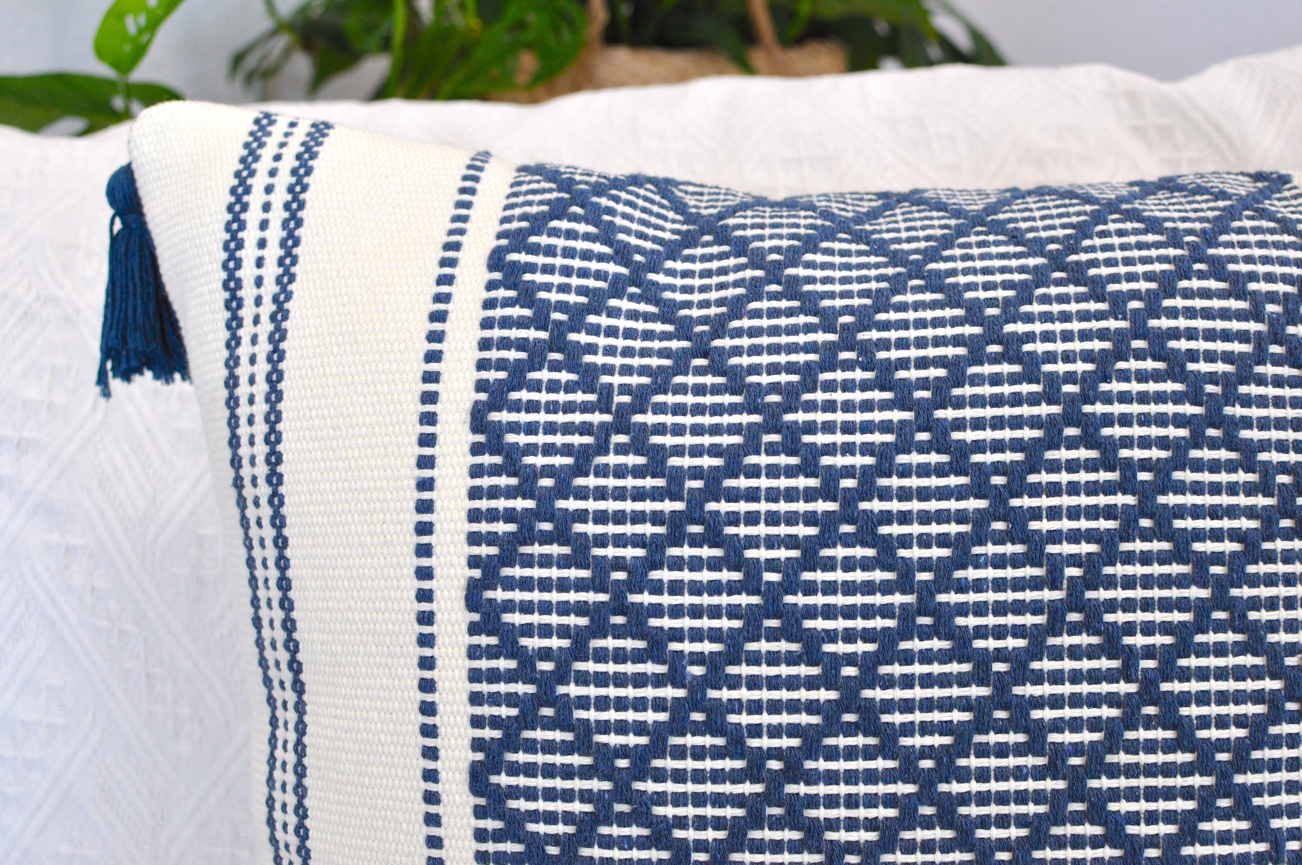 Throw Pillow Covers With Boho Tassels Navy Blue & Off White 16x16 inch - Set of 2 / Decorative Living Room Cushion Covers / Farmhouse Designer Woven PillowCases/ Modern Accent Cushion Covers