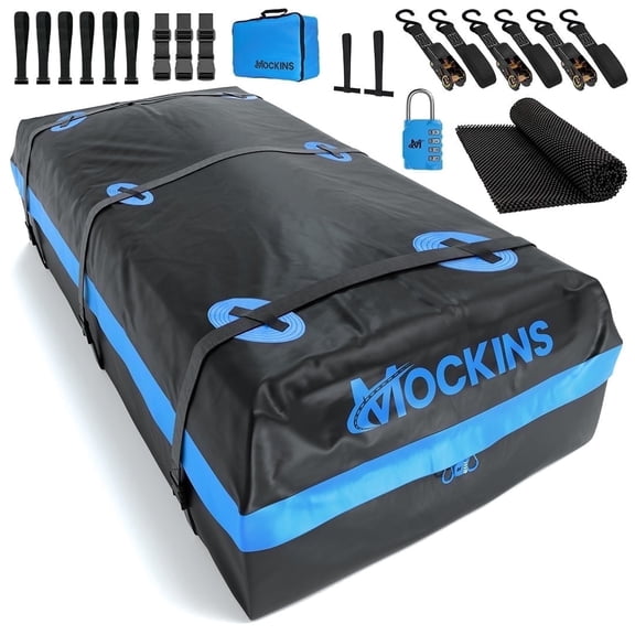 Mockins 35 Cu Ft. Blue Waterproof Roof Cargo Bag  (80"x 40"x 19") with Rubber Roof Pad, Straps, Hooks, Lock & Carry Bag