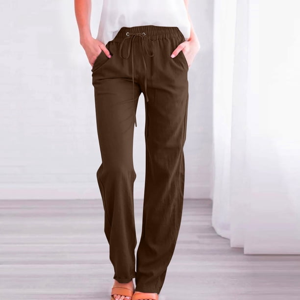 Karight Womens Casual Linen High Waist Pants Drawstring Loose Fit Summer Pants Trousers with Side Button Pockets