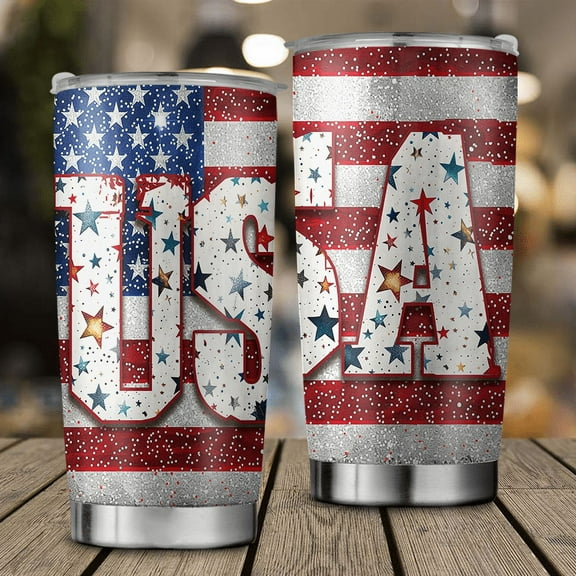 USA 4th of July Tumbler, Glitter Red White and Blue USA Stars Stripes Flag Tumbler ID-0604-VKHX