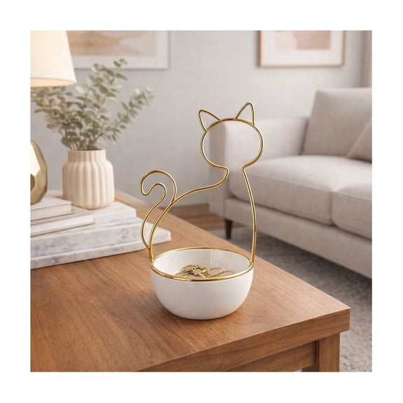 Aesthetic Cat Shape Trinket Tray for Bedroom Decor - Jewelry Holder for Room Apartment Styling - Modern Ceramic Ring Holder Bowl for Engagement Gift or Candy Dish Display - 10", White & Gold