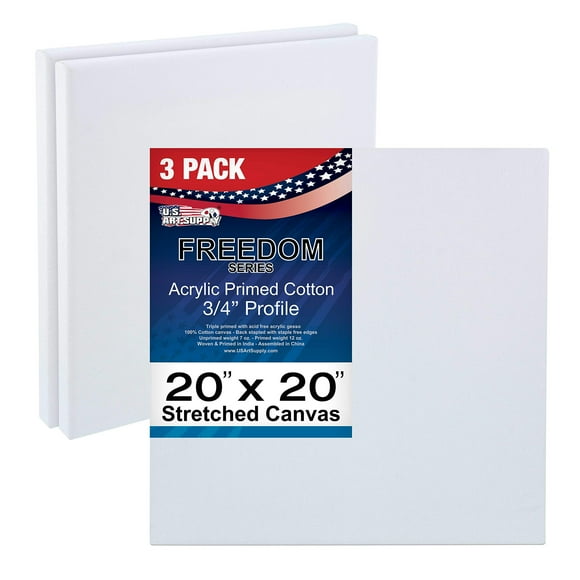 U.S. Art Supply 20 x 20 inch Stretched Canvas 12-Ounce Triple Primed, 3-Pack - Professional Artist Quality White Blank 3/4" Profile, 100% Cotton, Heavy-Weight Gesso - Acrylic Pouring, Oil Painting