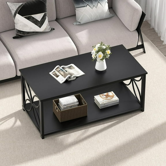 Coffee Table for Living Room, 39 inch Small Table with Storage Shelf, Modern Center Table for Sofa Home Office, Black