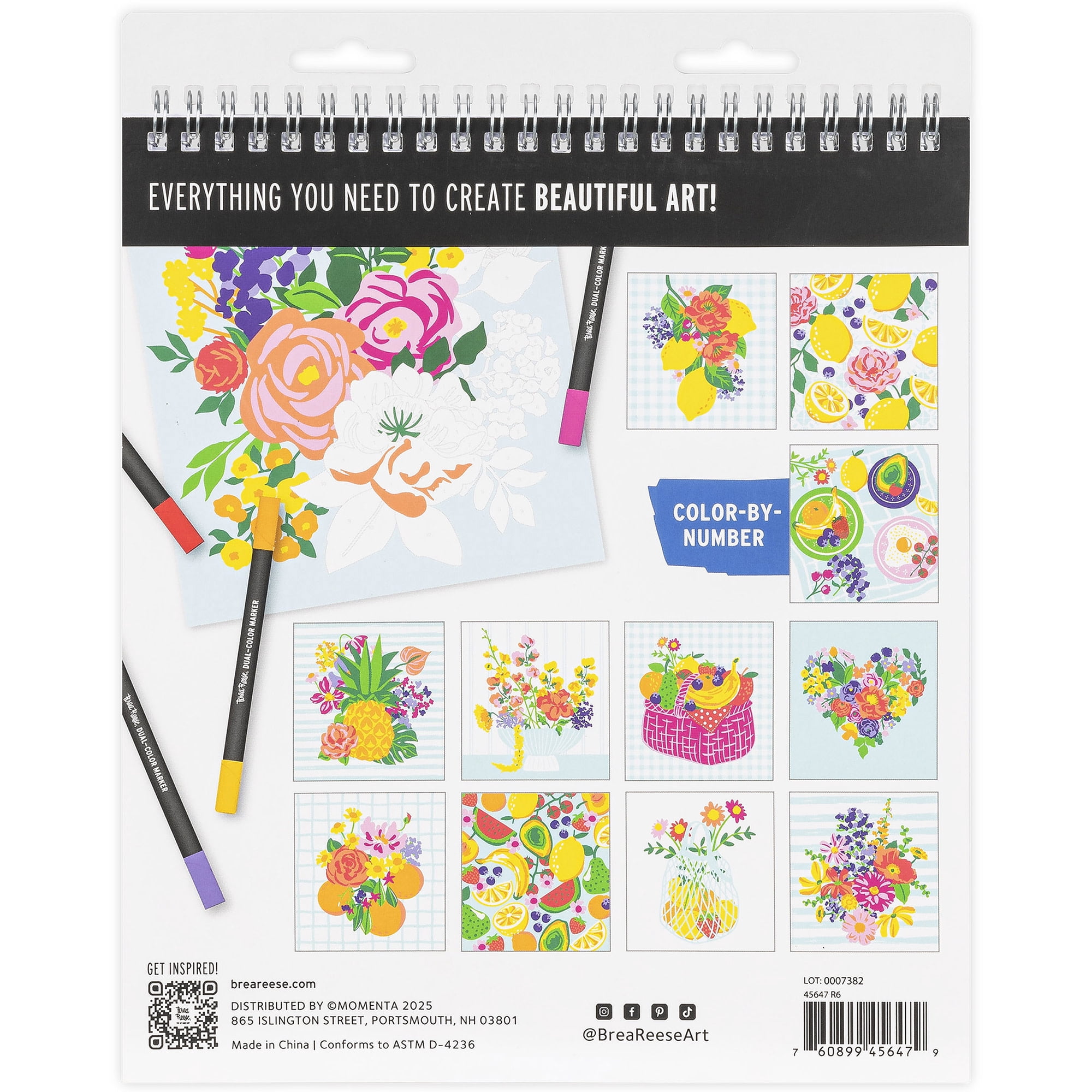 Brea Reese: Marker Color-by-Number Kit - Fruit & Floral - 5 Dual-Tip Markers, 12 Bright Designs, Guided Art, 8.5 x 9.75" Pages, Adult Spiral Art Pad