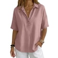 thumbnail image 5 of Dweltoz Tops for Women Collared Button Down Short Sleeve Breathable Casual Athletic Tops V Neck Solid Golf Collared Shirt,Light pink XL, 5 of 7