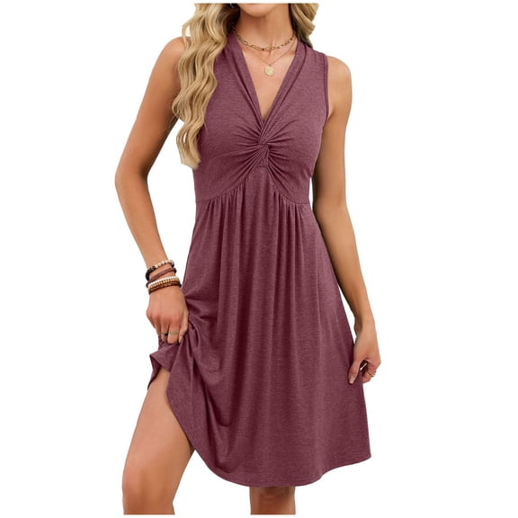 BUIGTTKLOP Women's Nightgowns V Neck Front Knotted Sleeveless Tank Pajamas Dress Summer Solid Casual A-Line Home Dress