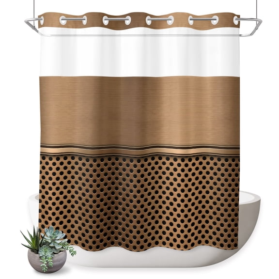 No Hook Shower Curtain, Brown Metal Hole Shower Curtains for Bathroom with See Through Top Window, Modern Copper Net Eye Hole Pattern Waterproof & Washable Bath Curtain 66"x72"