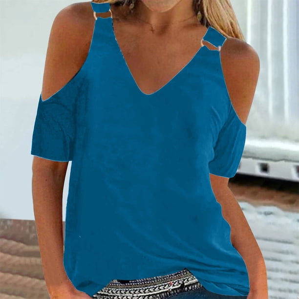 ICHUANYI Clearance Women Summer Sexy T- Shirt Cold Shoulder Pullover Blouse V-Neck Short Sleeve Solid Tops(Light Blue, S) ICHUANYI WER2023080800939