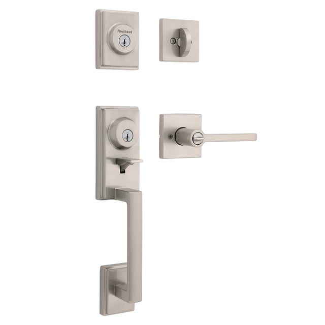 Juego de manija y cerrojo para puerta principal Kwikset Peralta, juego de manija exterior con palanca interior reversible, níquel satinado, cerrojo SmartKey resistente a ganzúas