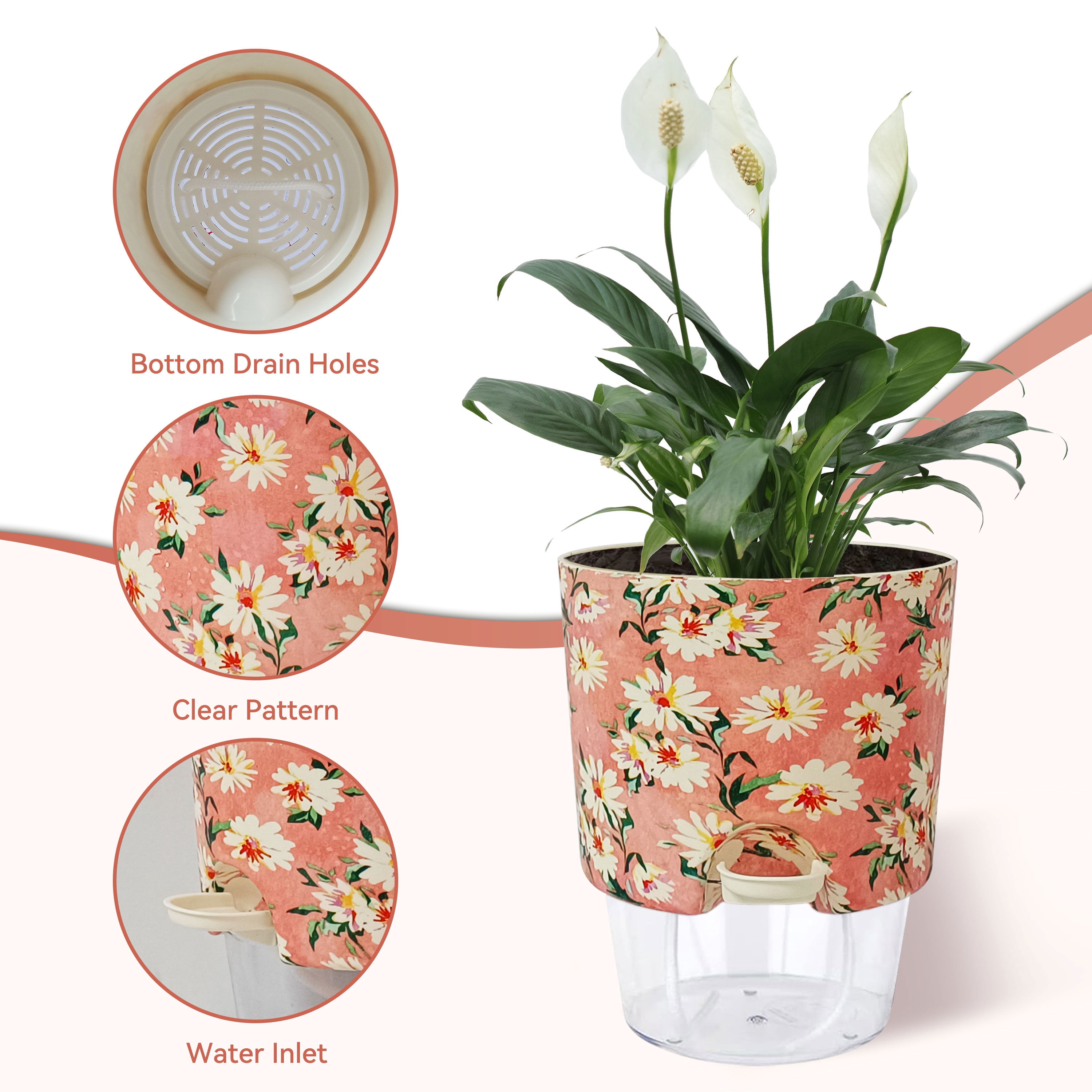FCMSHAMD Plant Pots 5 inch Set of 2, Self Watering Flower Pots Indoor Outdoor, Self Watering Planters with Drainage Hole & Clear Saucer Reservoir