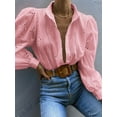thumbnail image 2 of Womens Long Puff Sleeve Blouse V Neck Buttons Hollow Out Lace Embroidered Blouses Shirts Pink L, 2 of 7