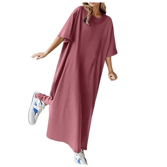 Loose Casual Solid Color Short Sleeved T Shirt Dress