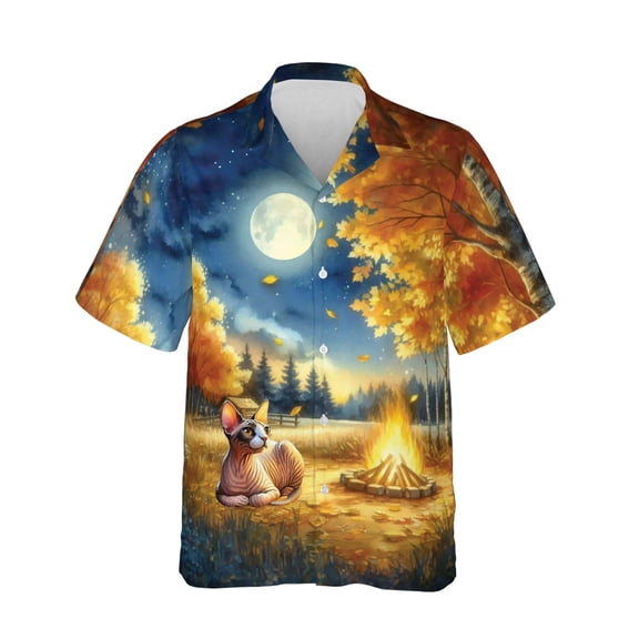 Hello Fall Sphynx Enjoys Warm Campfire Autumn Night Bright Moon Hawaiian Shirt Breathable Summer Unisex Merch Cat Lover Kitten Owner Gifts Idea - 01008
