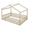 thumbnail image 6 of Full Size House Bed Frame with Fence, Wooden Floor Bed with Doorless Design, Natural, 6 of 9