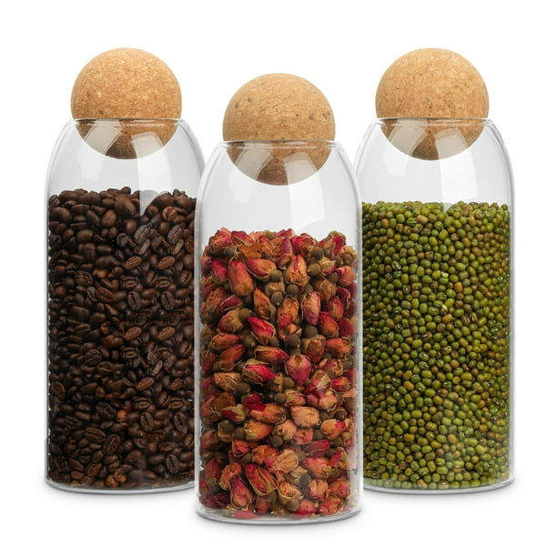 Contenedor de almacenamiento de vidrio con corcho de bola, frasco de vidrio de 3 piezas con tapa de corcho, botella de vidrio de corcho redonda, frasco de caramelo pequeño con tapa de bola de madera