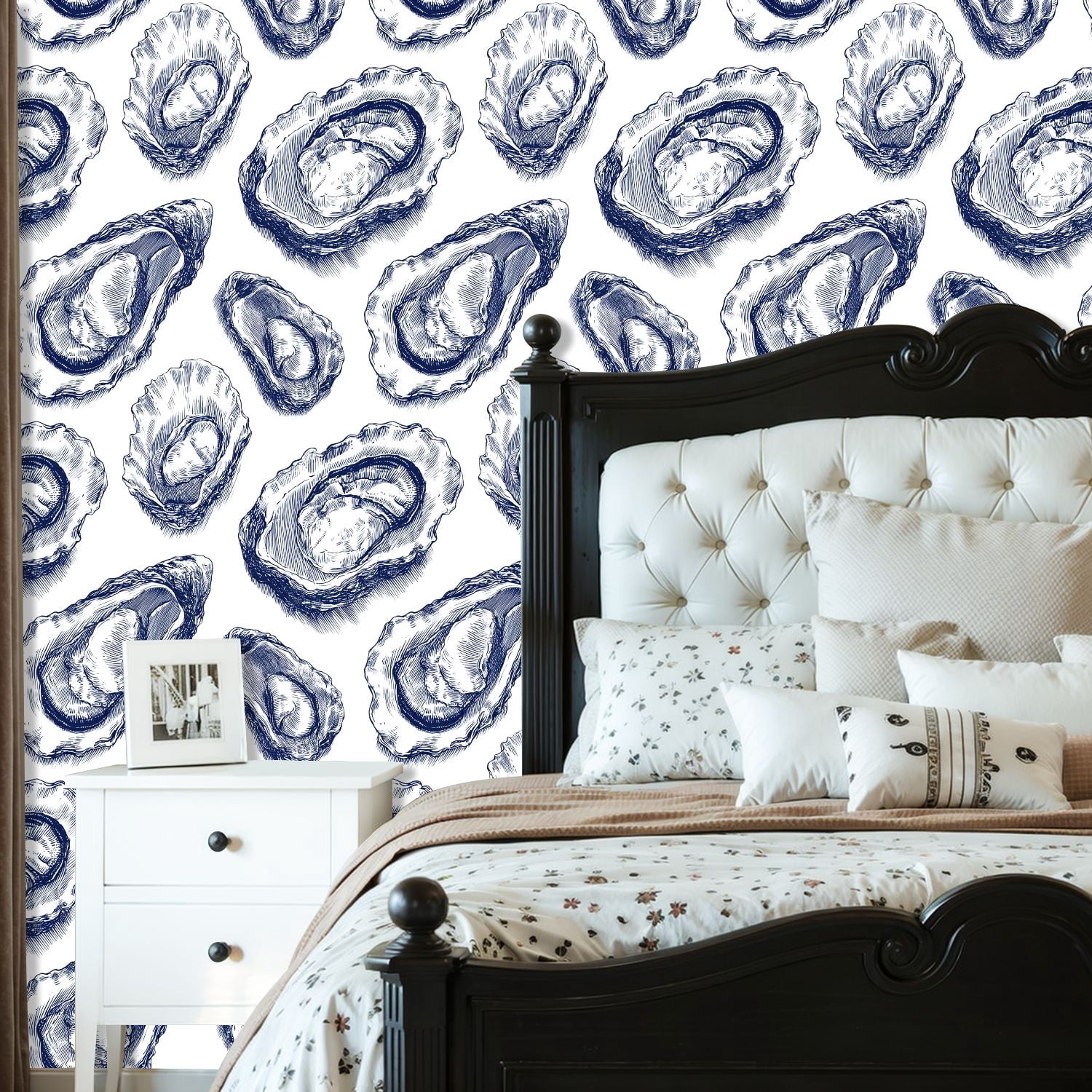 Peel and Stick Wallpaper Oysters Hand Drawn Nautical Blue Ink White Wall Mural 23.6in x 9.8ft Self Adhesive Removable Wall Paper Renter Friendly Wallpaper for Bedroom