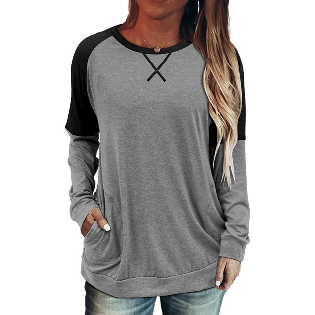 Womens Tops Color Block Pullover Long Sleeve T Shirts with Pockets Crew Neck Tunic Blouse