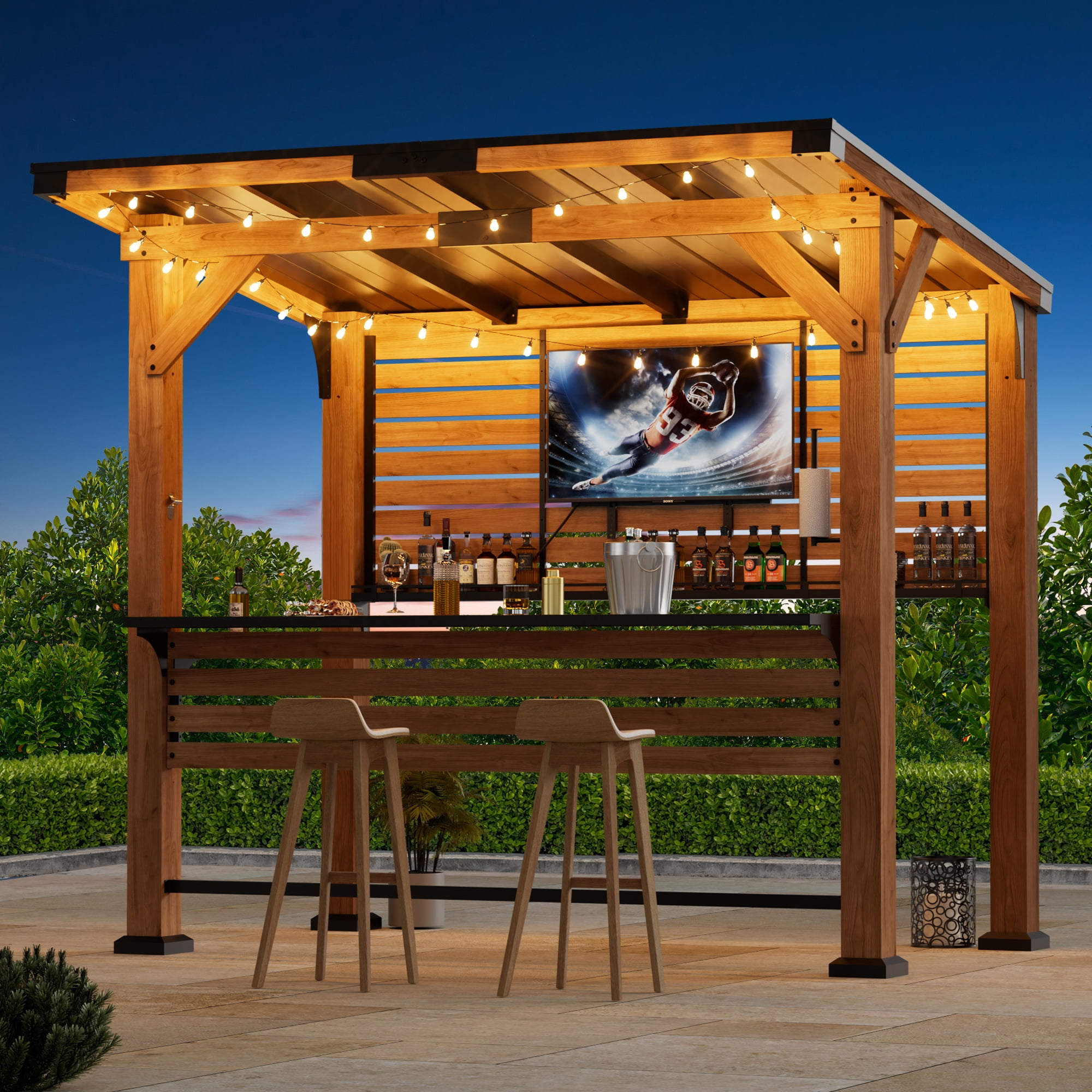 Modern Shade Cedar Wood Bar Center Gazebo with Steel Roof, Shelves, TV Mount & Power Strip for Patio or Garden
