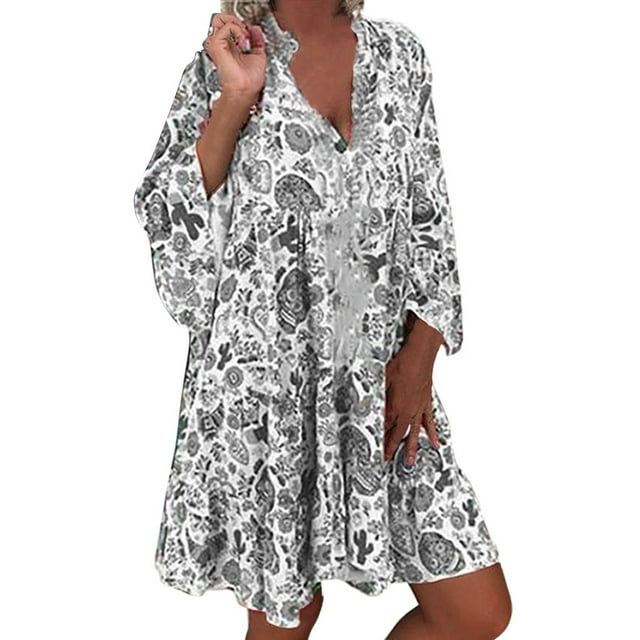 Robes pour Femmes Grande Taille Ample Imprimé Manches Longues Col en V Bouton Mini Robe