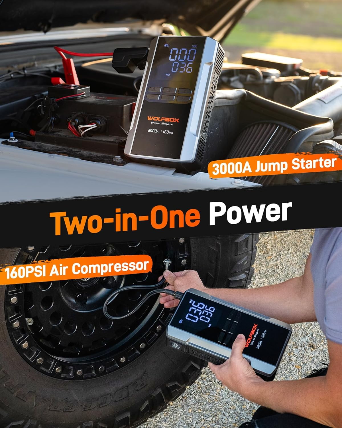 WolfBox 3000A Jump Starter with Air Compressor, 160PSI Digital Tire Inflator, 12V Battery Pack with Flashlight