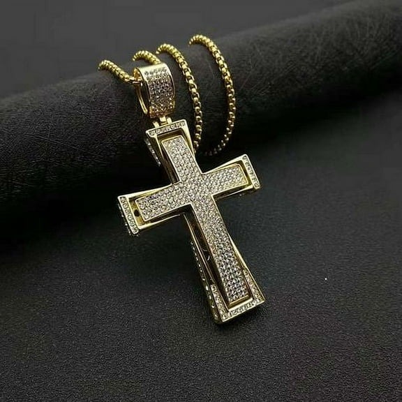 Hip Hop Iced Out Big Cross Pendant Necklace For Men 14K Yellow Gold Rhinestone Necklace Hiphop Christian Jewelry