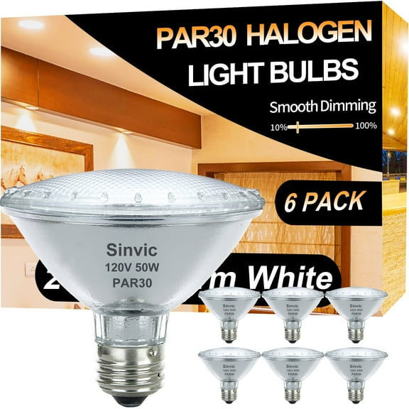 Sinvic Par30 Short Neck, 6 Pack High Output Par30s Halogen 50W 120V, Par30 Dimmable Warm White 3000K, 50W Par30 Flood Light with E26 Medium Base for Recessed Trim Lighting, Track Light