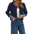 thumbnail image 3 of Women'S Cropped Cardigan Sweaters Fall Long Sleeve Open Front Button Down Color Block Knit Outwear Coats Dark Blue XL, 3 of 8