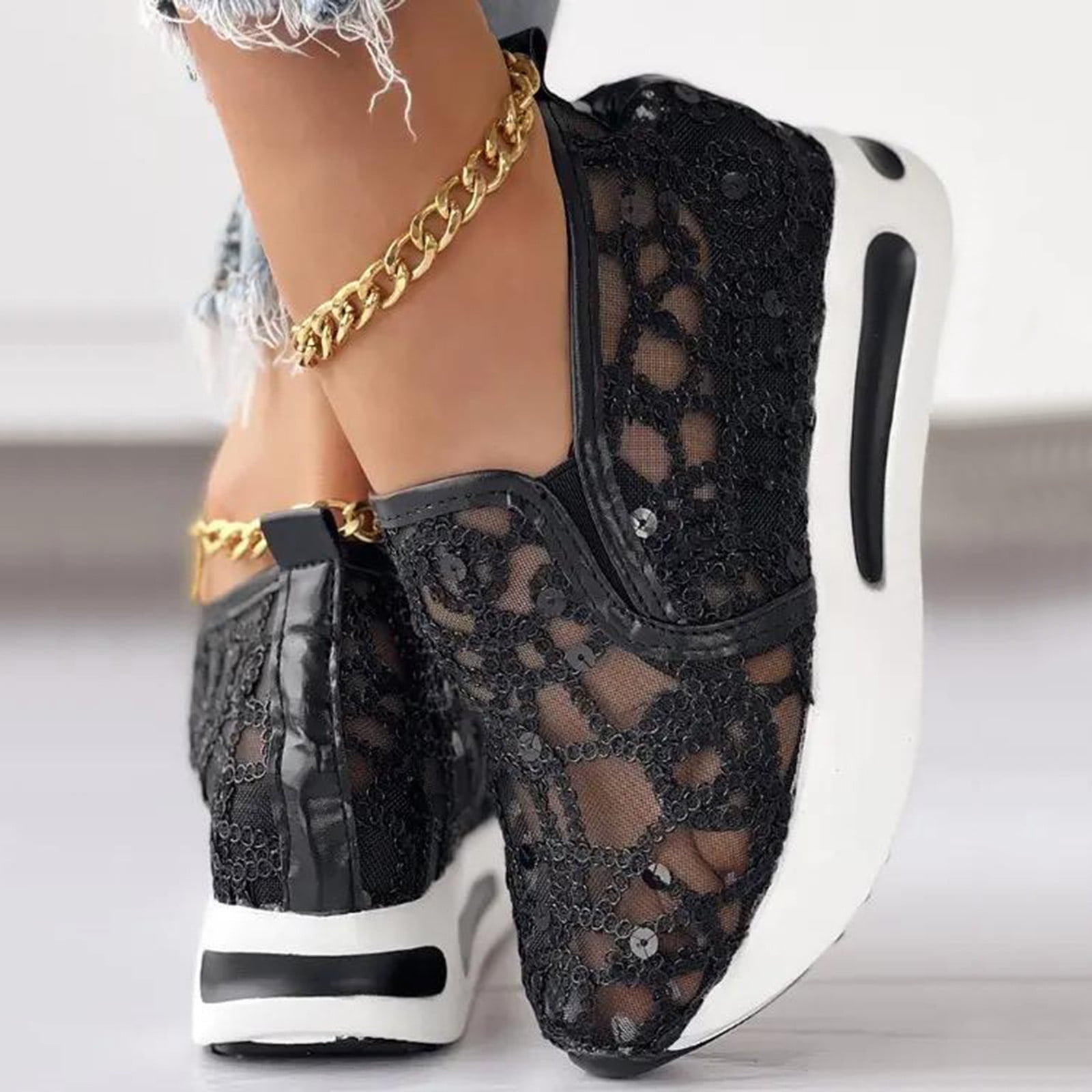 Dakaela Platform Wedge Sneakers for Women Hidden High Heels Slip on Loafers Walking Work Shoes Black 8.5