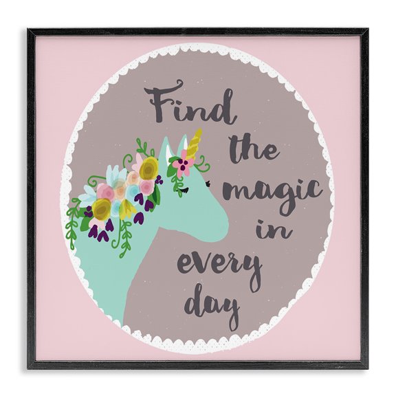 Stupell Industries Contemporary Find The Magic Unicorn Cyan Pink Design Black Framed Giclee Art, 12 x 12, by Cindy Willingham