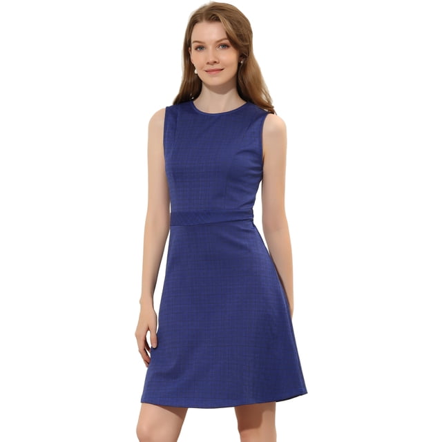 Vestido De Tweed A Cuadros Sin Mangas Para Mujer Vestidos De Trabajo De Pata De Gallo Entallados Y Acampanados Azul Oscuro S INSPIRE CHIC Vestido