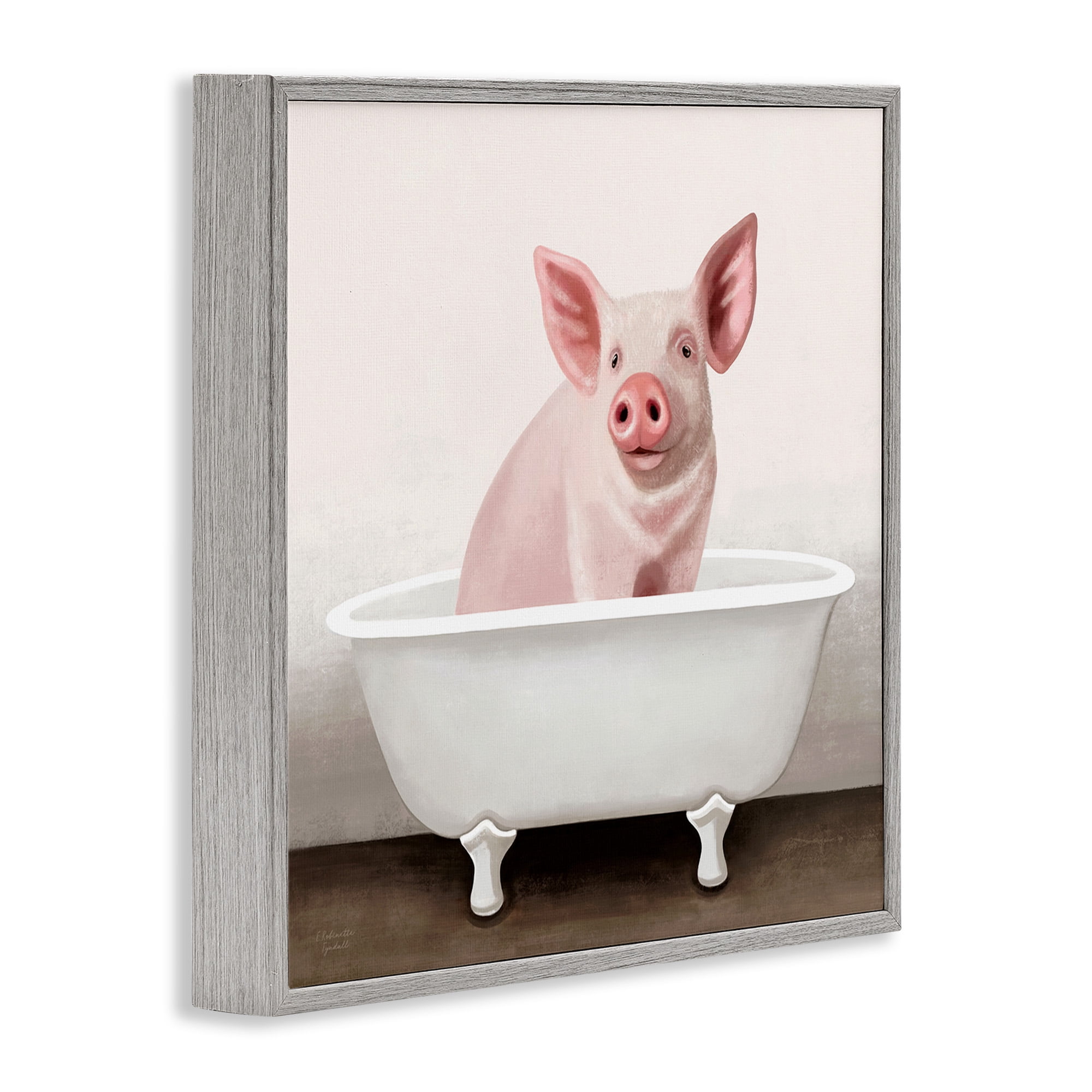 Stupell Industries Pink Farm Pig in Country Bath Tub Animals & Insects Painting Gray Framed Art Print Wall Art, 24 x 24